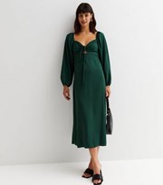 New Look Dark Green Spot Jacquard Satin Long Puff Sleeve Tie Front Midi Dress